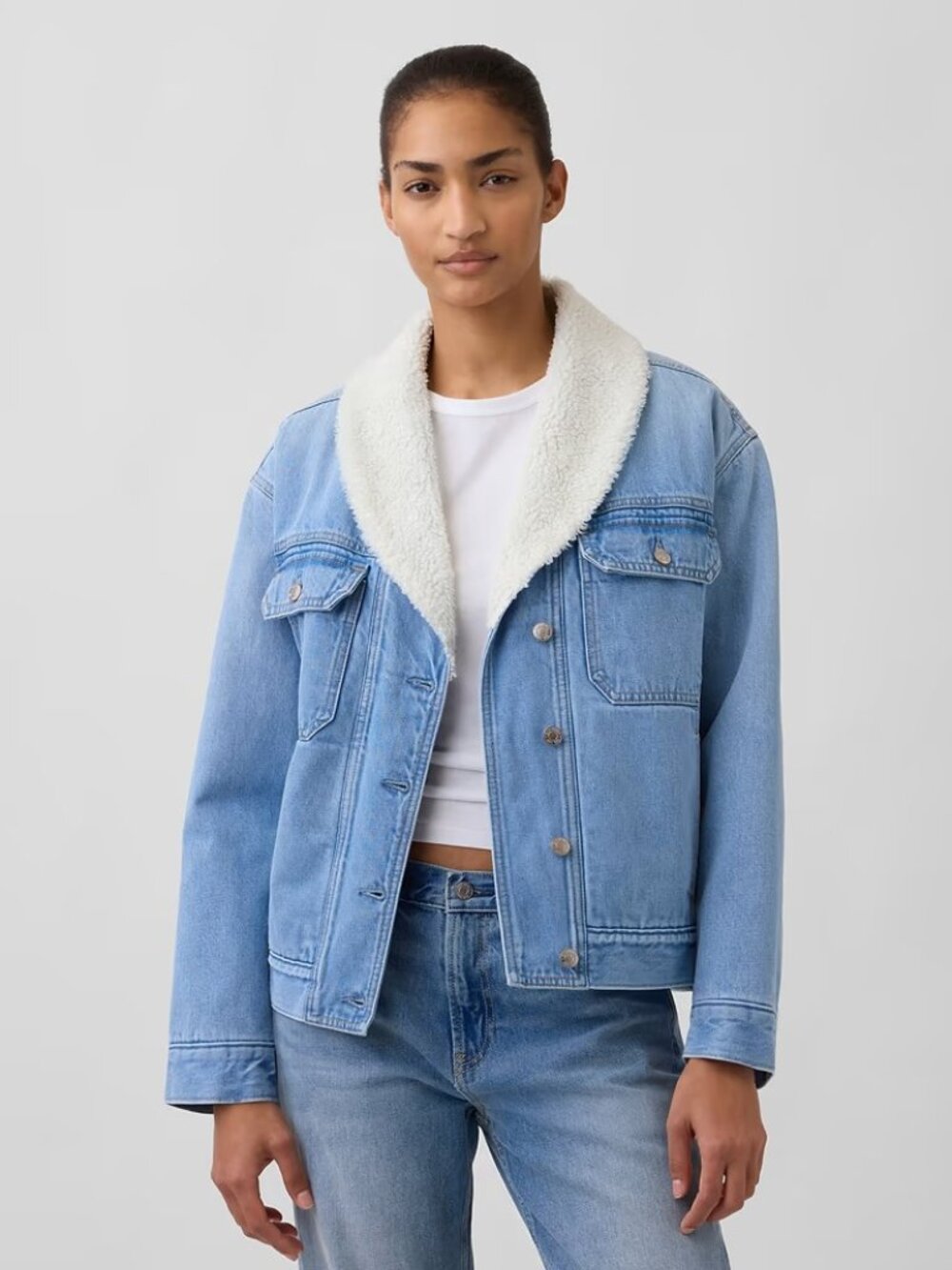 NWT GAP Shawl collar Sherpa lined denim jean jacket
